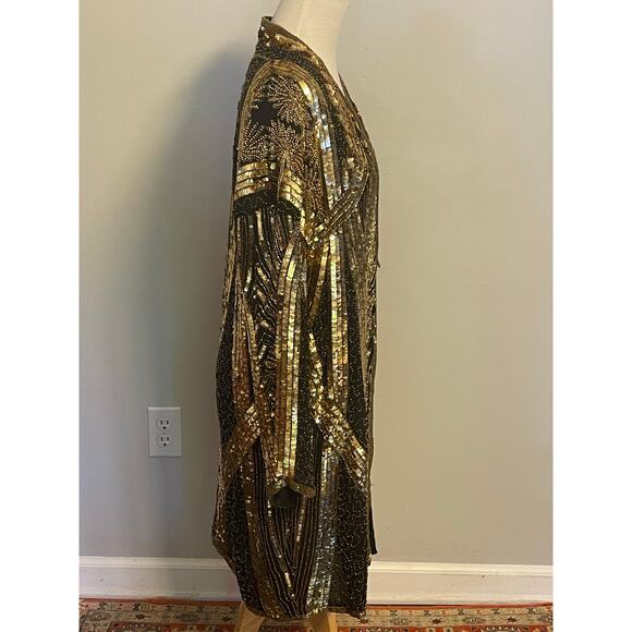 Vintage Tan Chho Gold Beaded Sequin‎ Jacket Dress Gown 1980s Glam - Picture 4 of 13